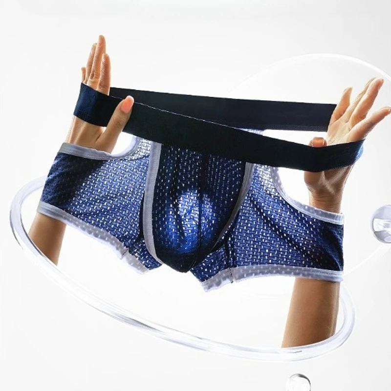 

Sexy Men Flat Boxers Hollow Out Bullet Separation Convex Pouch Underwear Ice Silk Sports Breathable Male Swimming Trunks Panties