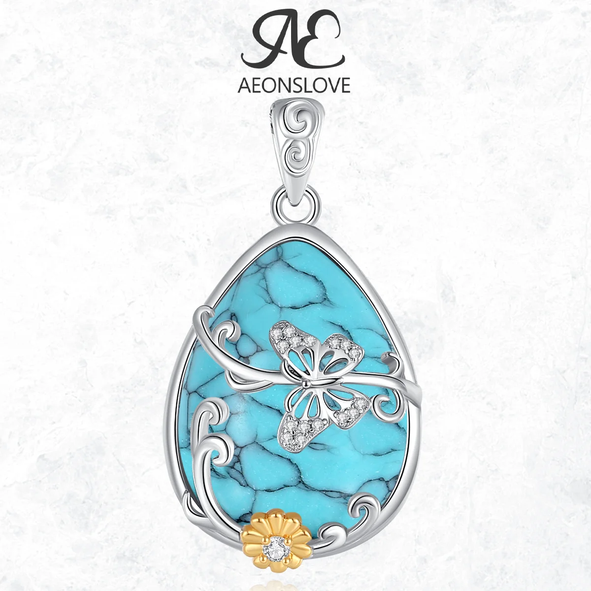 

AEONSLOVE 925 Sterling Silver Turquoise Pendant Elegant Butterfly Flower Teardrop Necklace Women Spiritual Jewelry Lucky Amulet