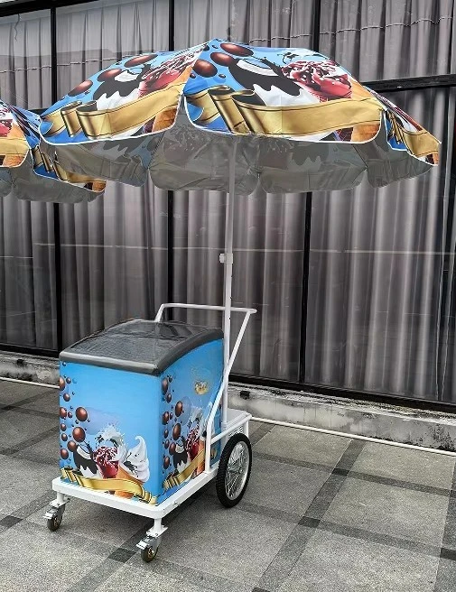Mobiele ijs- en diepvriesproducten verkoopkar met parasol, 4-wielige straatvoedselvriezerkar te koop