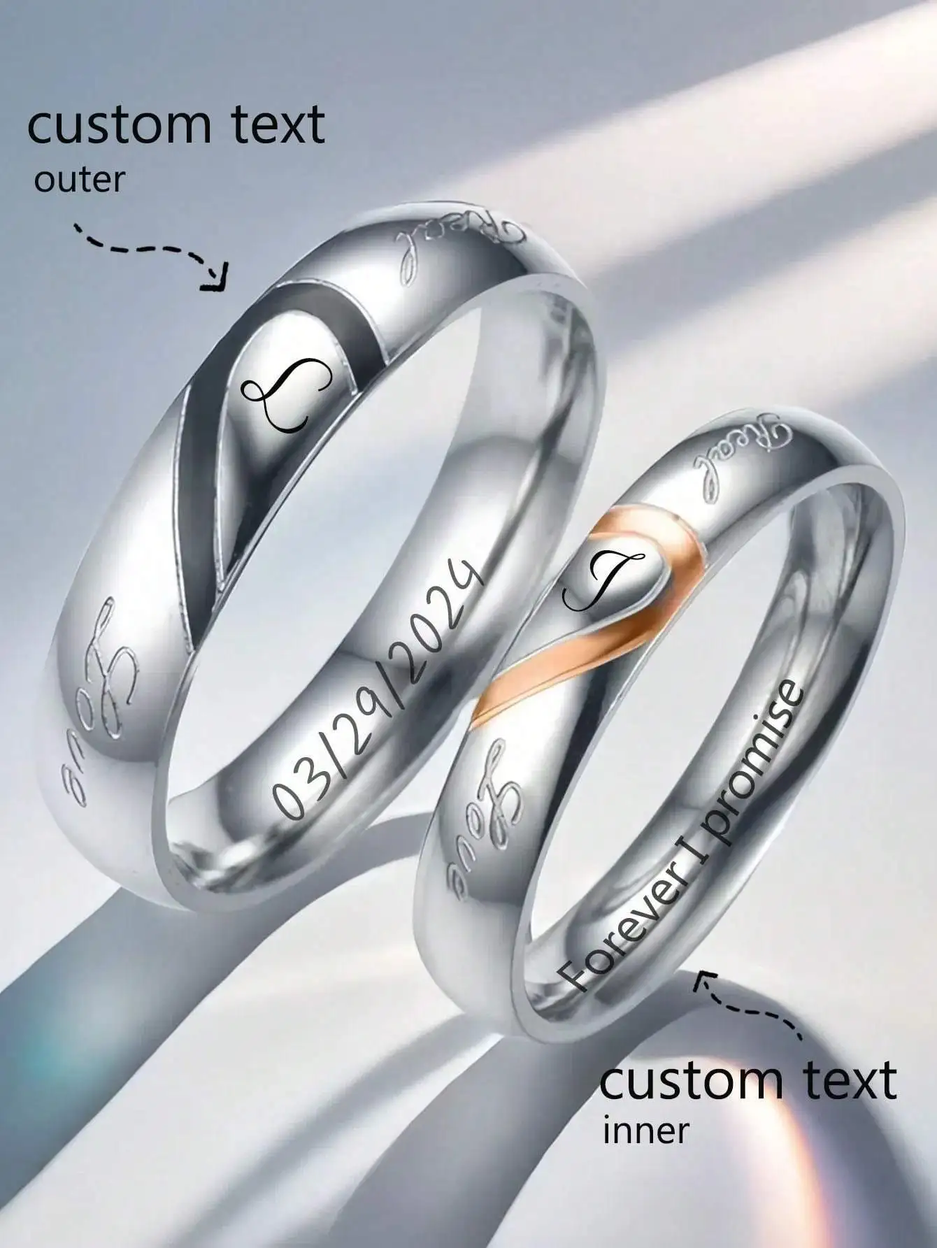 1pc Custom Love Rings Simple Half Heart Shaped Stainless Steel Jewelry for Couple, Anxiety Relief And Gift For Friends/Couples