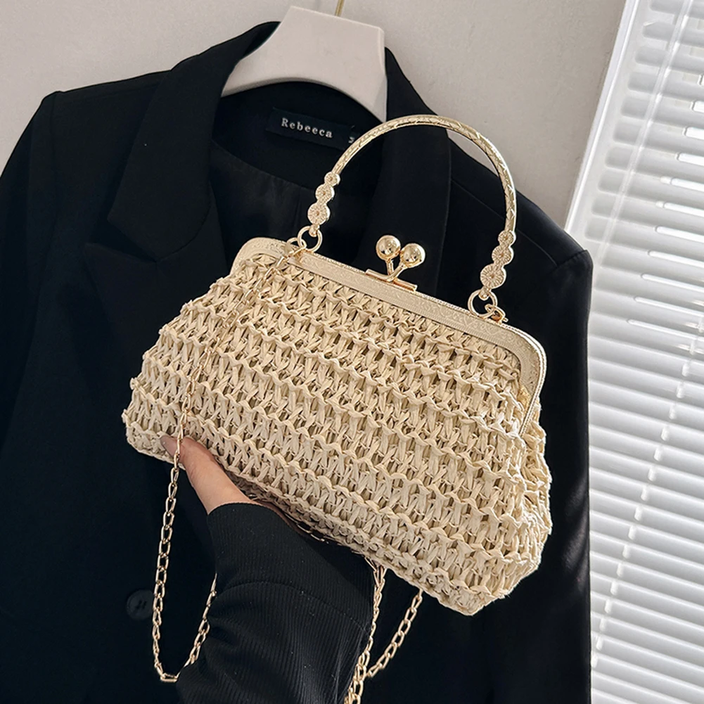 Summer Beach Straw Bags Exquisite Gold Chain Party Banquet Purse Hand Woven Handbag Female Clutch Bag Shoulder Crossbody Bags