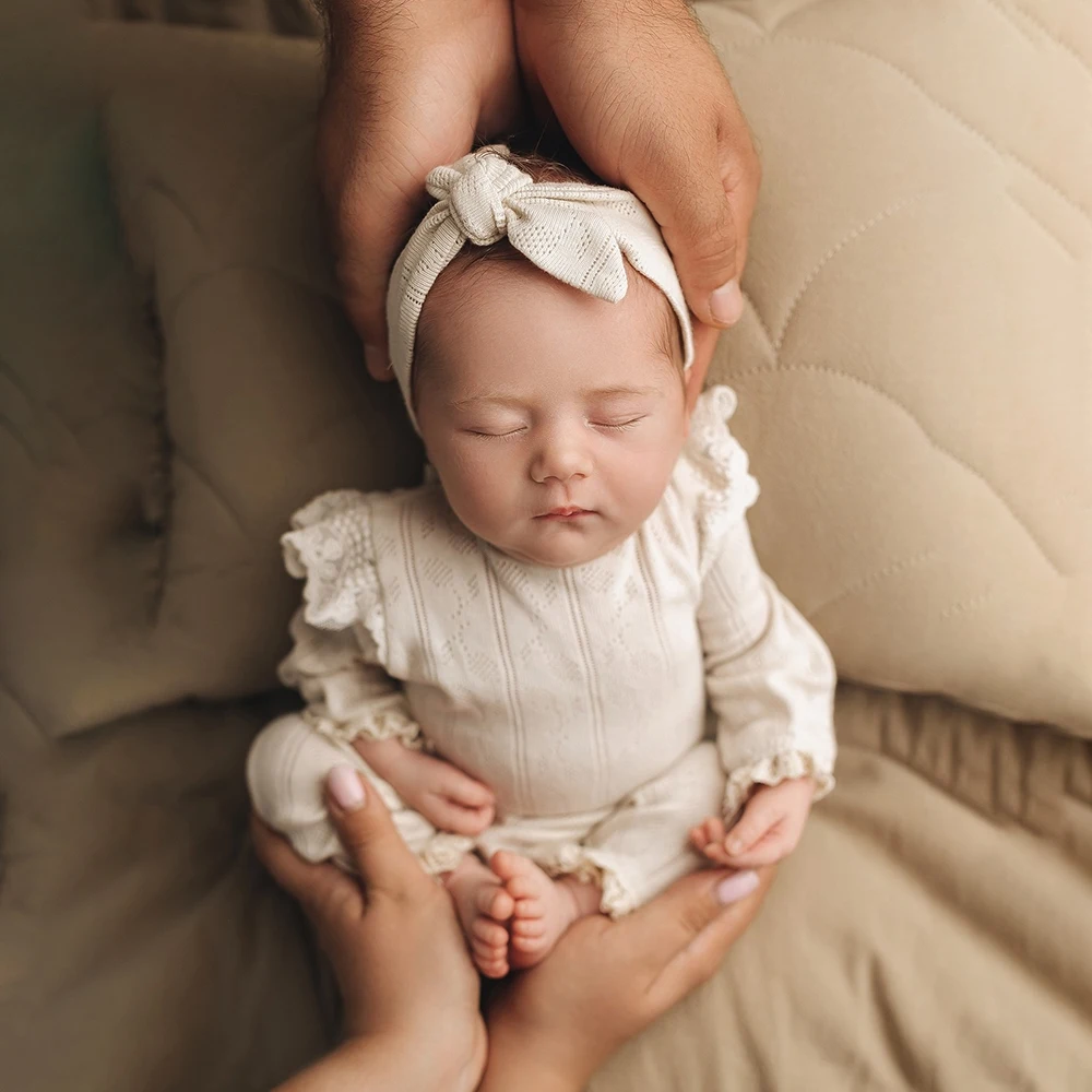 Newborn Photography Props Lace Romper with Bow Headband Baby Girl Outfit Infant Photo Shoot Costume Boutique Set