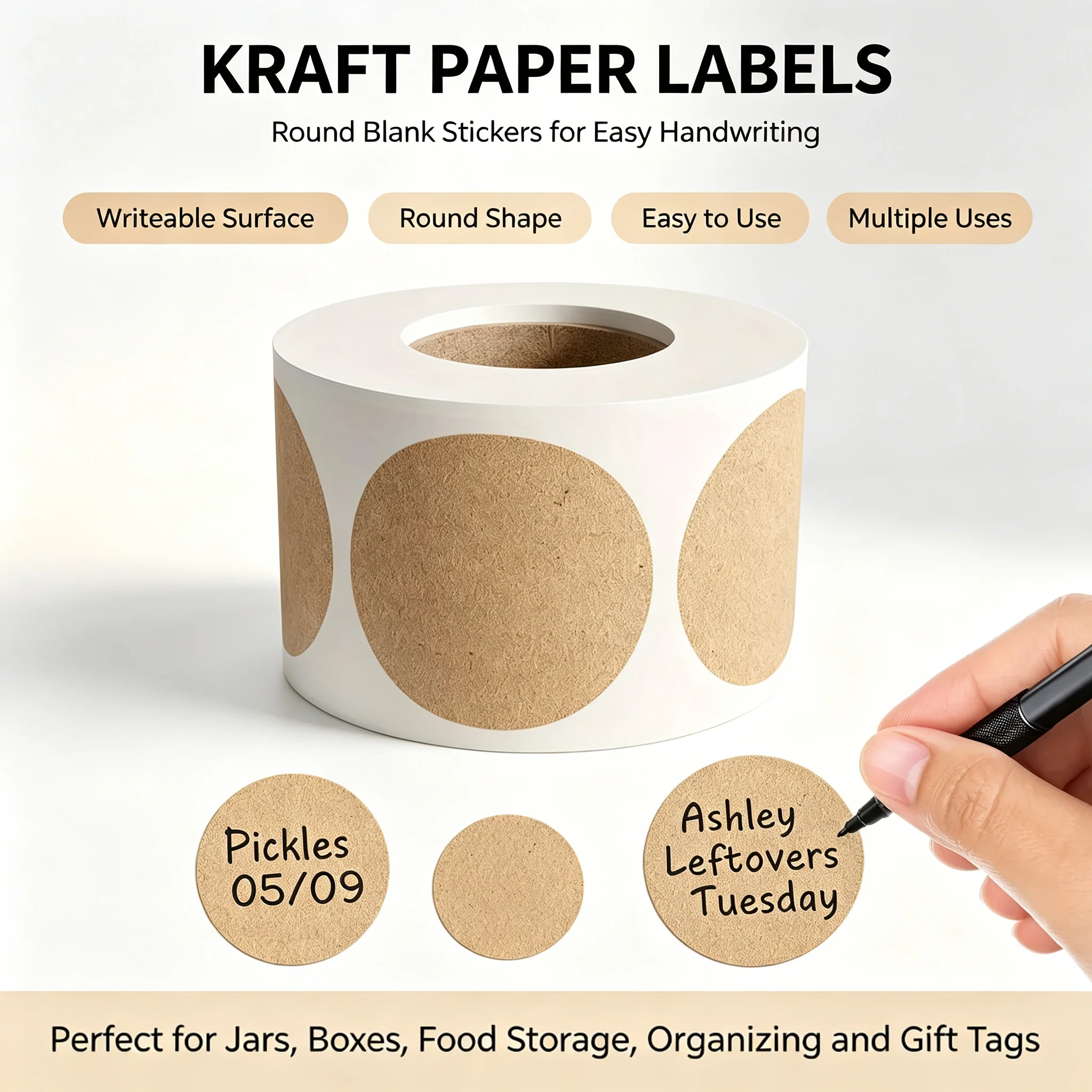 500Pcs Kraft Round Self-adhesive Label Paper Items Classification Stickers Personalized Labels,For Sealing Decoration Sticker