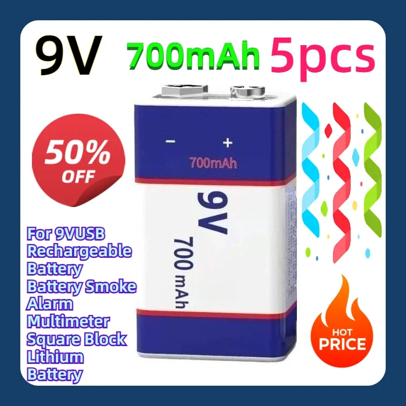 For 9VUSB Rechargeable Battery 9V 700mAh Battery Smoke Alarm Multimeter Square Block Lithium Battery 5pcs
