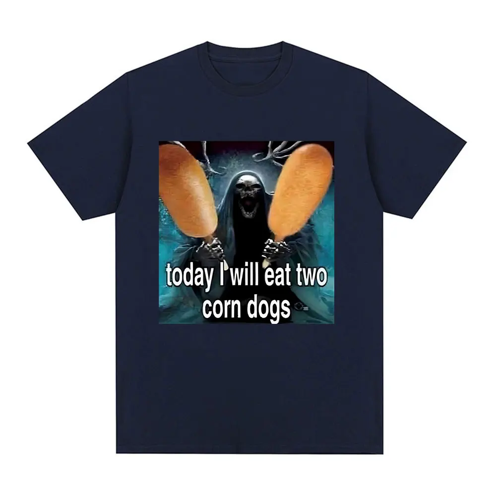 Today I Will Eat Two Corndogs Graphic T-Shirt Skeleton Meme Men's Vintage Gothic Short Sleeve T-shirts Cotton Oversized T Shirts