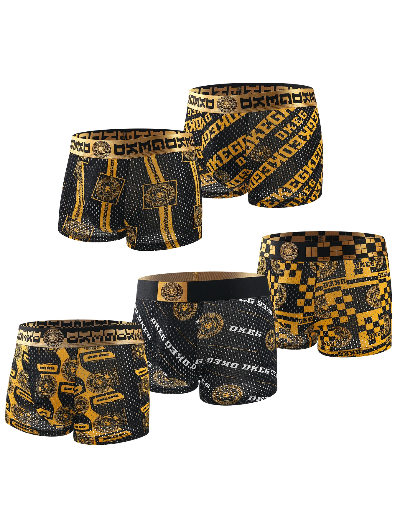 Men\'s underpants youth golden chain printed ice wire antibacterial breathable mesh boxers 5-piece package