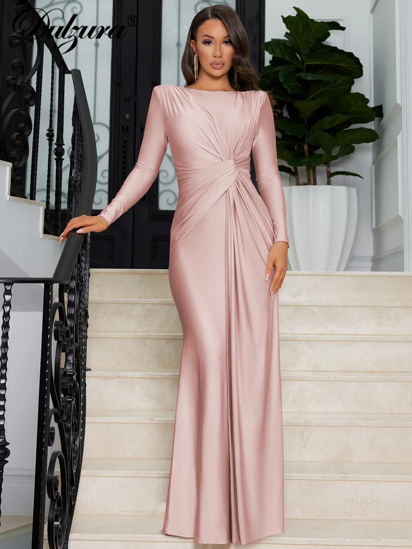 Dulzura Long Sleeves Shoulder Pad Ruched Maxi Dress Solid Elegant Slim Prom Dress For Women Evening Party Autumn Winter