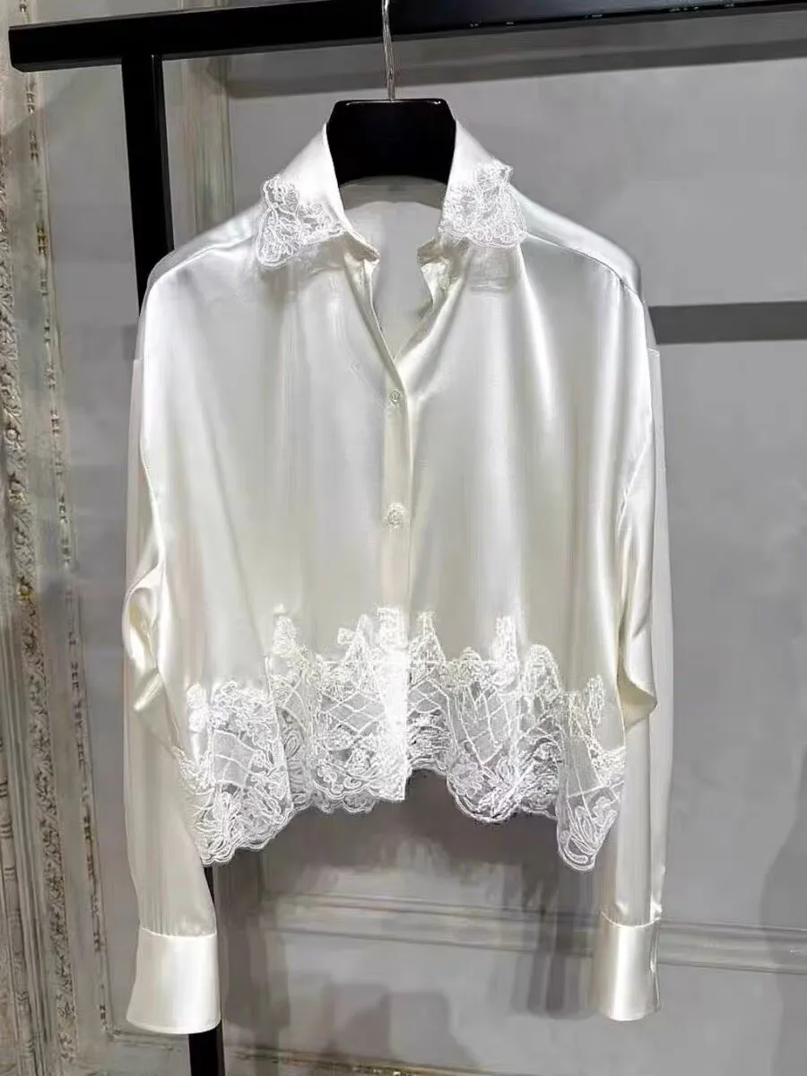 

High Quality 2026 New Spring White Silk Blouse Short Style Women Fashion Patchwork Lace Embroidered Shirt