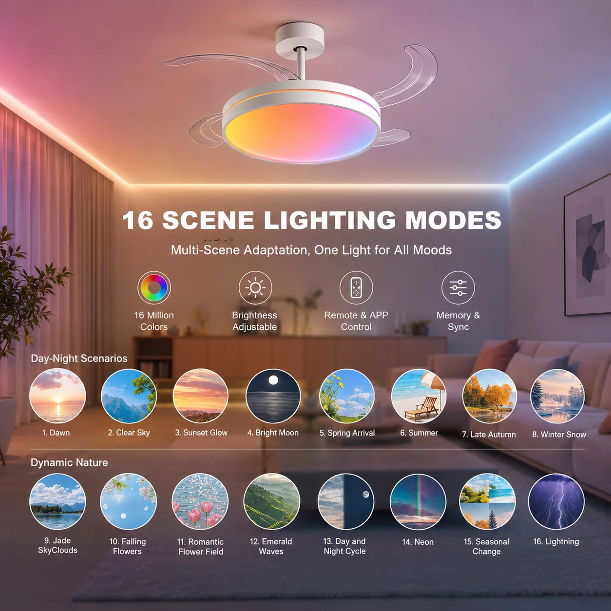 42In Retractable Ceiling Fan with Light and Remote/APP Control,Multiple Dynamic Modes RGB-LED Light,6 Speed Reversible Modern Invisible Flush Mount Ceiling Fans with Lights for Bedroom