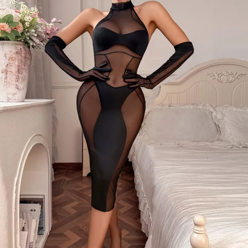 

Erotic Sexy Lingerie Sets Perspective Mesh Long Dress Women's Sensual Underwear 3-Pieces Set Cut Out Bra Thong Gloves Baby Dolls