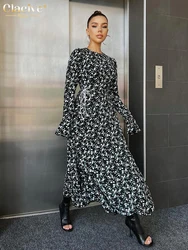 Clacive Fashion Loose Print Women'S Dresses 2023 Elegant O-Neck Long Sleeve Long Dress Casual High Waist Bandage Female Dress