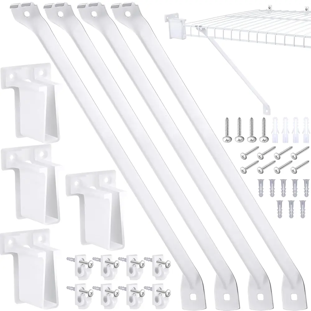 

16 Pcs 12 H Wire Shelf Support Brackets Kit,Include 4 Mental Closet Support Brace 8 White Down Wall Clips And 4 Wire Shelf End