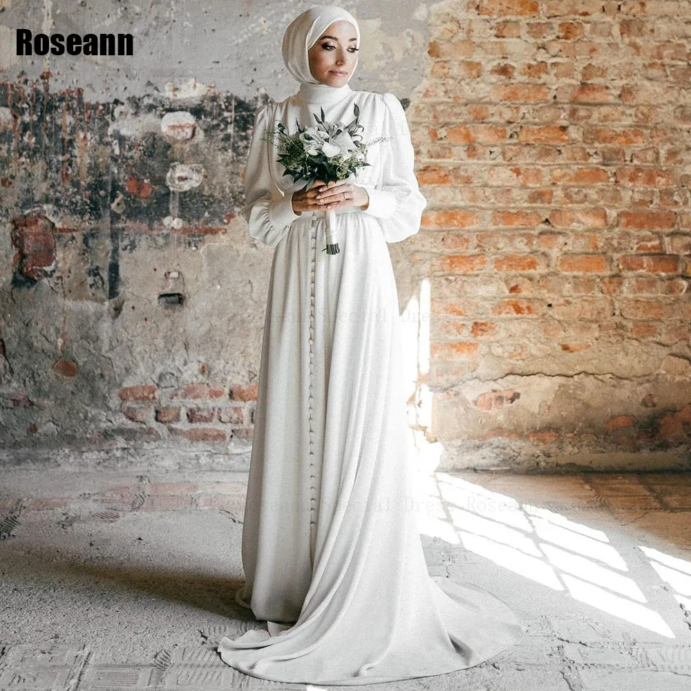 Muslim Ivory High Collar A-line Wedding Dress Button Full Draped Pleat Floor Length Brush Train Bride Dresses robe de mariée