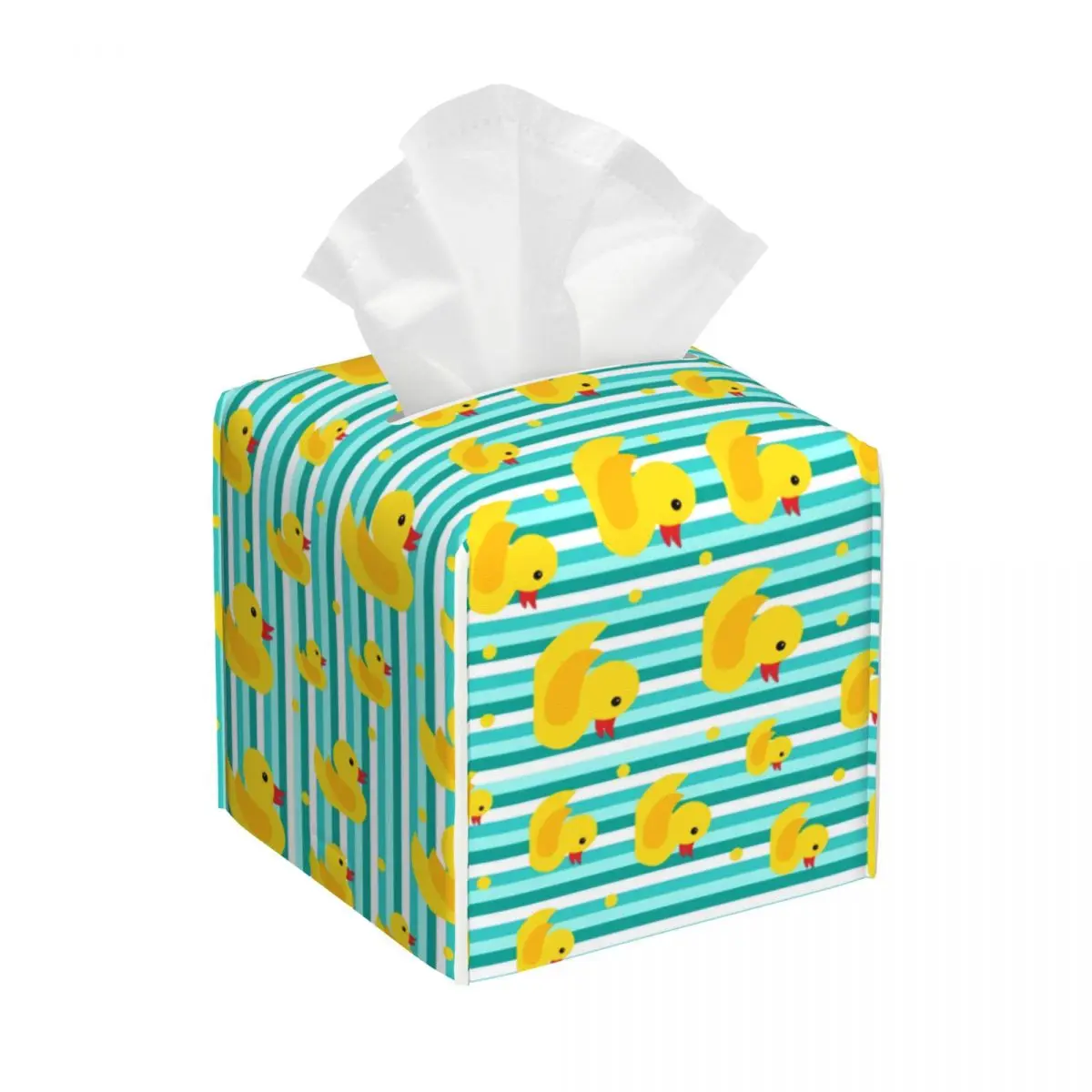 Custom Yellow Ducks Blue Stripes Tissue Box Cover Square PU Leather Animal Cartoon Facial Tissues Holder for Bathroom