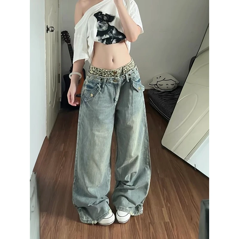 ZHIZOU Women Blue Cargo Jeans Baggy Leopard Wide Fit Denim Pants Punk Y2K Japanese Harajuku 2000s High Street American Retro