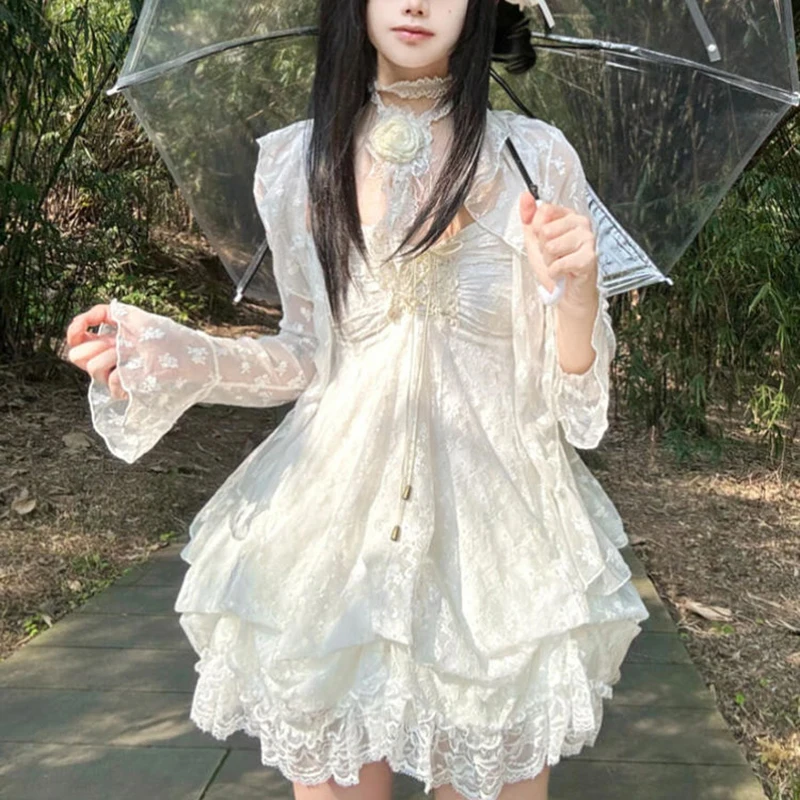 ลูกไม้ Sweetheart สีขาว Camis ฤดูร้อนญี่ปุ่นชุดมินิแขนกุด Ruffled Pod Drawstring ชุดราตรี Vestidos