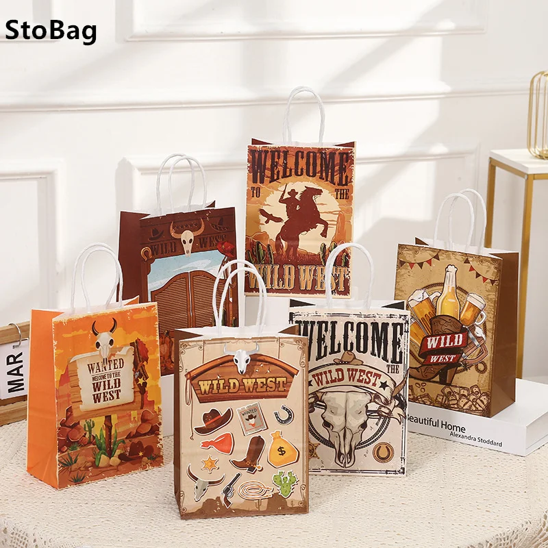 StoBag, CowBoy Wild West Gift Bags, Eco-Friendly Kraft Paper, for Packing Goodies, Party Supplies, Birthday Treat, 12/30pcs