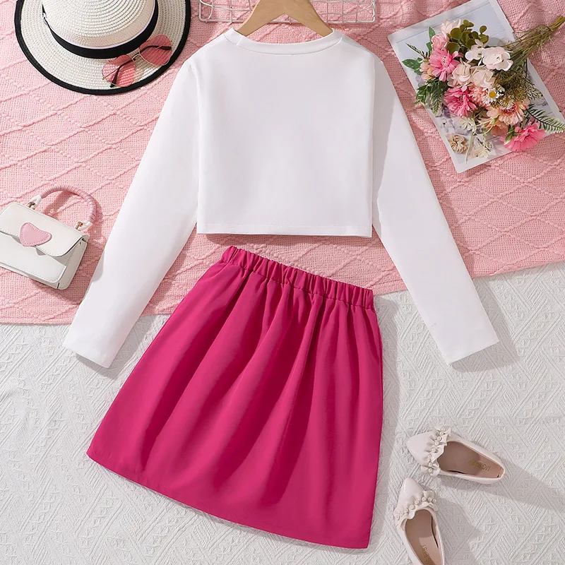 2024 Clothing Set Girls Long Sleeve Letter T-shirt Rose Red Skirts 2 Pcs Sets Casual Girls Clothes Set 8-12T