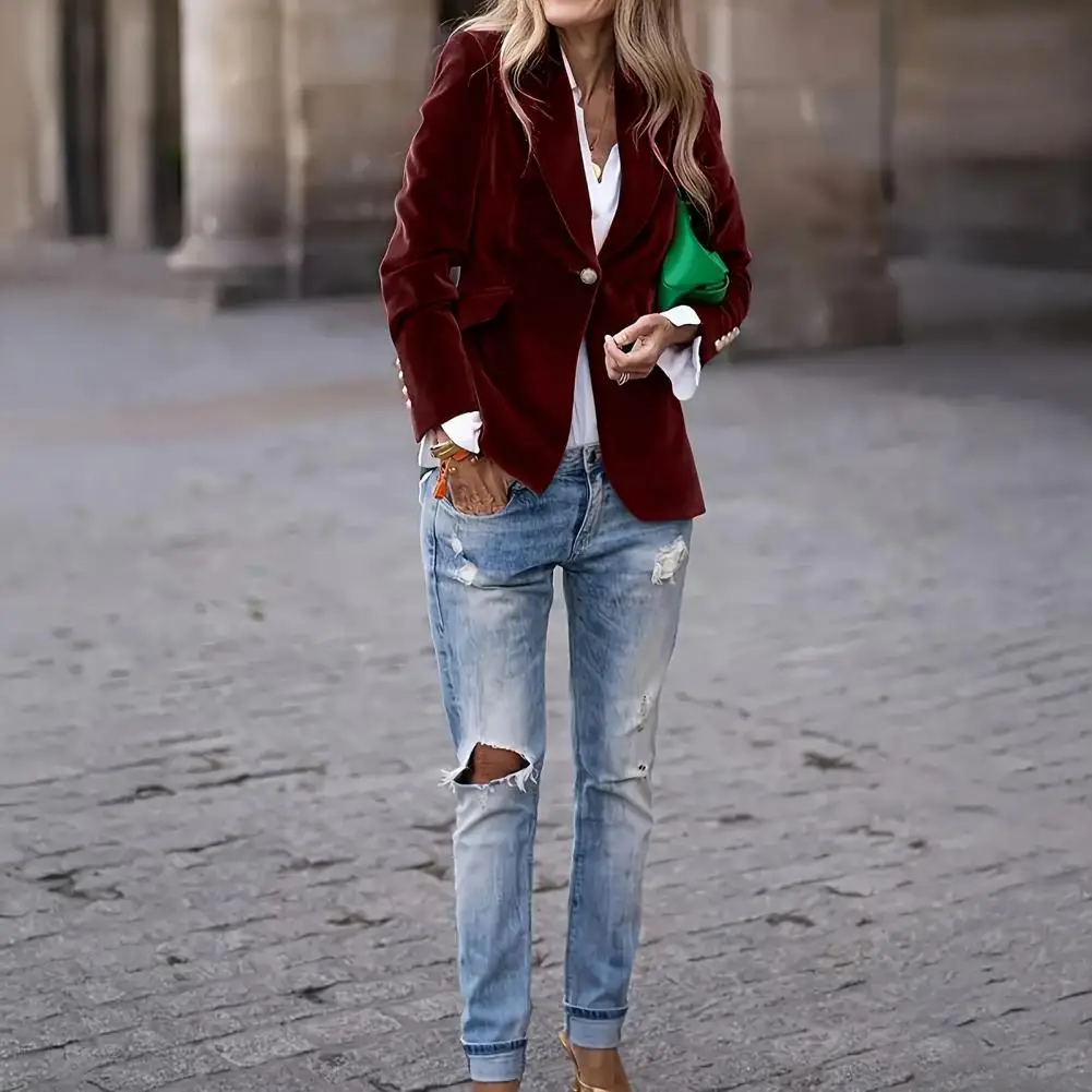 Notched Collar Suit Jacket Elegant Velvet Suit Coat with Notched Collar Single Button Closure Versatile Office for Stylish