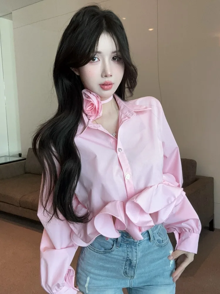 

Sweet Style Short Shirt Women's Fashion Pleated 3D Earlet Lace Trim Splice Hem Single Button Casual Versatile Top Citywalk