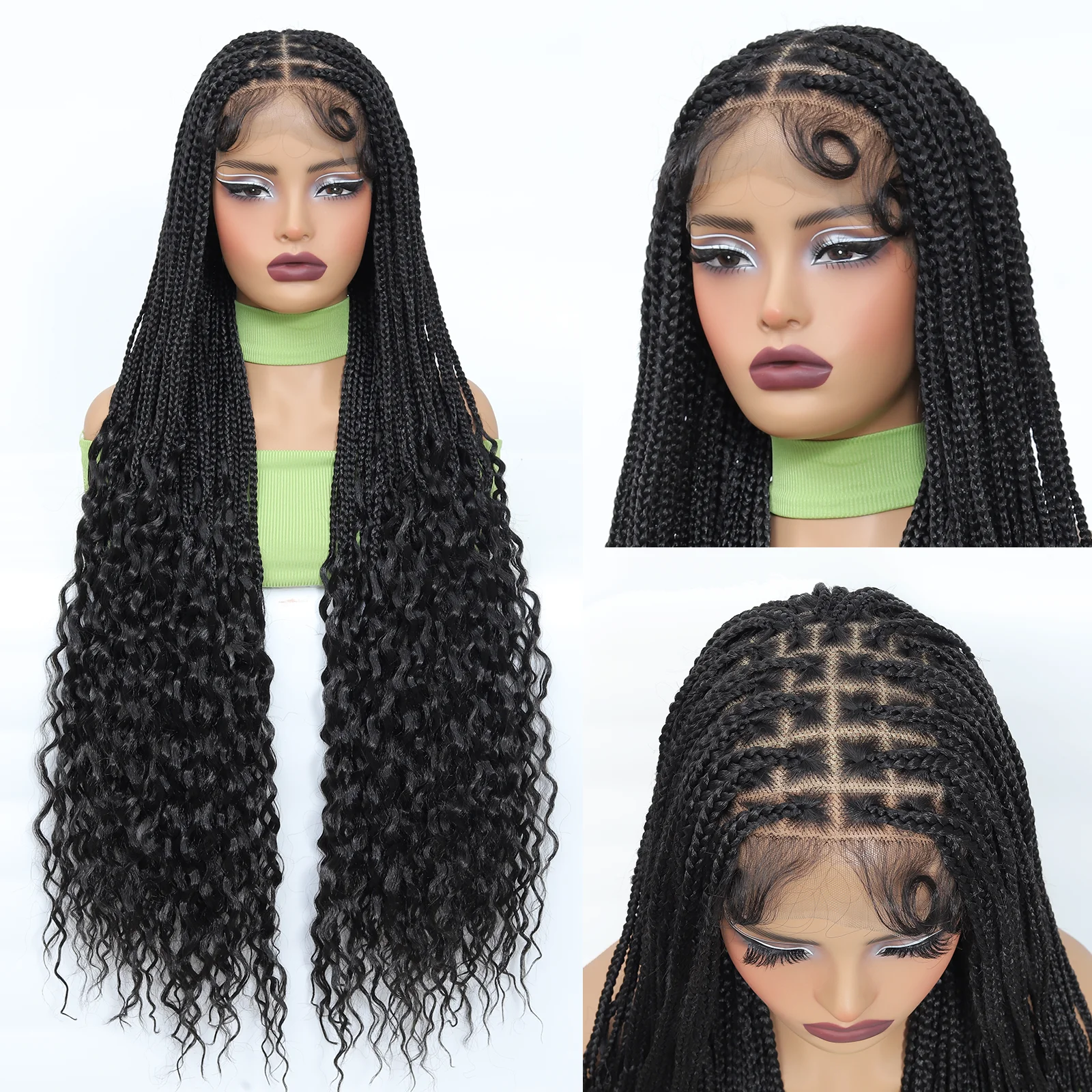 38Inch Full Lace Knotless Braided Wigs Synthetic Box Braid Wig with Curly Ends for Women Lace Frontal Brais Wigs with Baby Hair