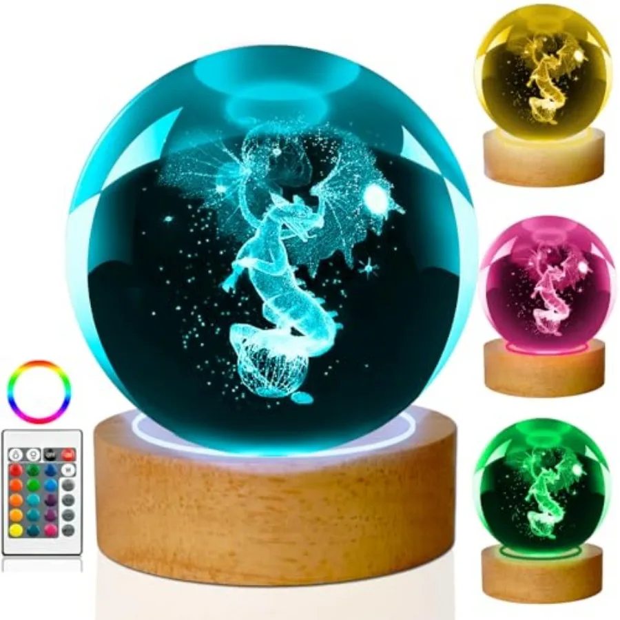 

3D Crystal Ball Night Light, 60mm 16 Colors with Wooden Base and Remote Control, Gift