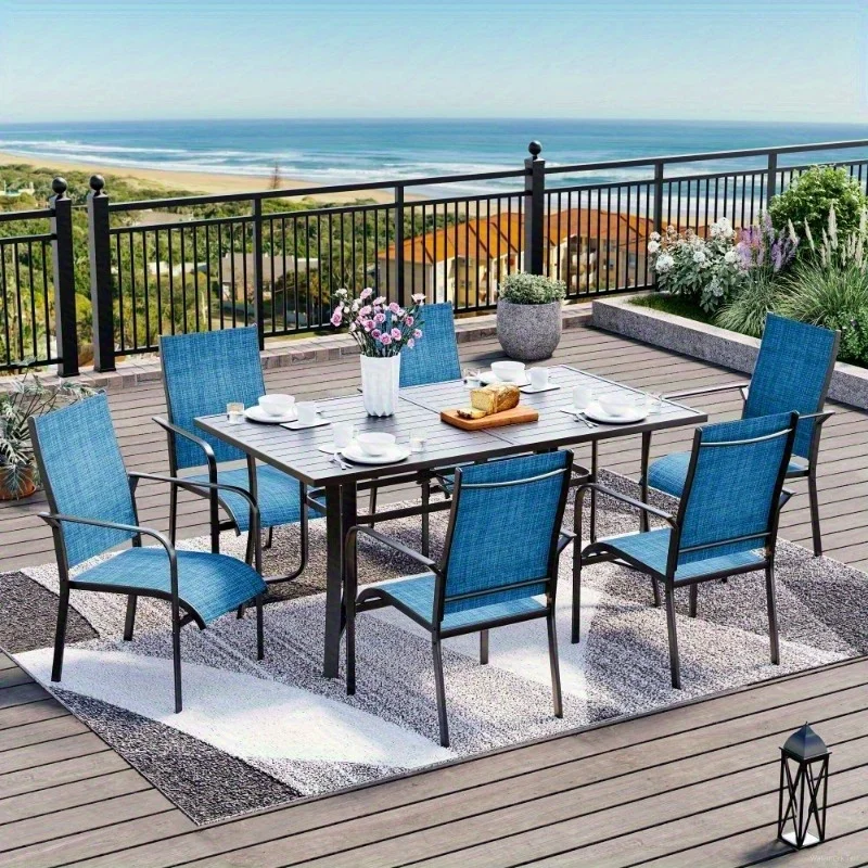 

7-Piece All-Weather Patio Dining Set with 6 Textilene Chairs & Rust-Resistant Iron Table, Adjustable Umbrella Hole for Poolside