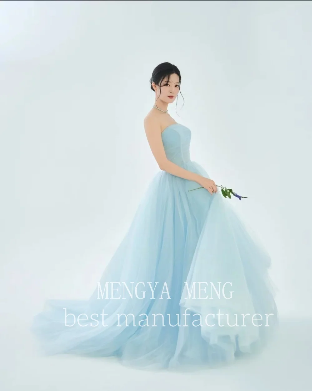 ZHUISHU Fresh Light Blue Tulle Strapless Evening Gown Princess Style 웨딩드레스 Korean Photo Shoot Bridal Gown Party Dress Customized