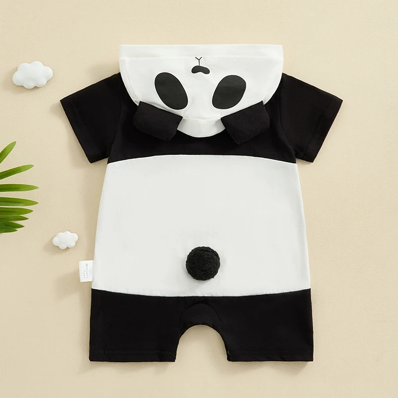 2024-04-11 Lioraitiin Summer Baby Boys Girls Panda Costume Short Sleeve Romper Cute Hooded Jumpsuit Cosplay Outfit