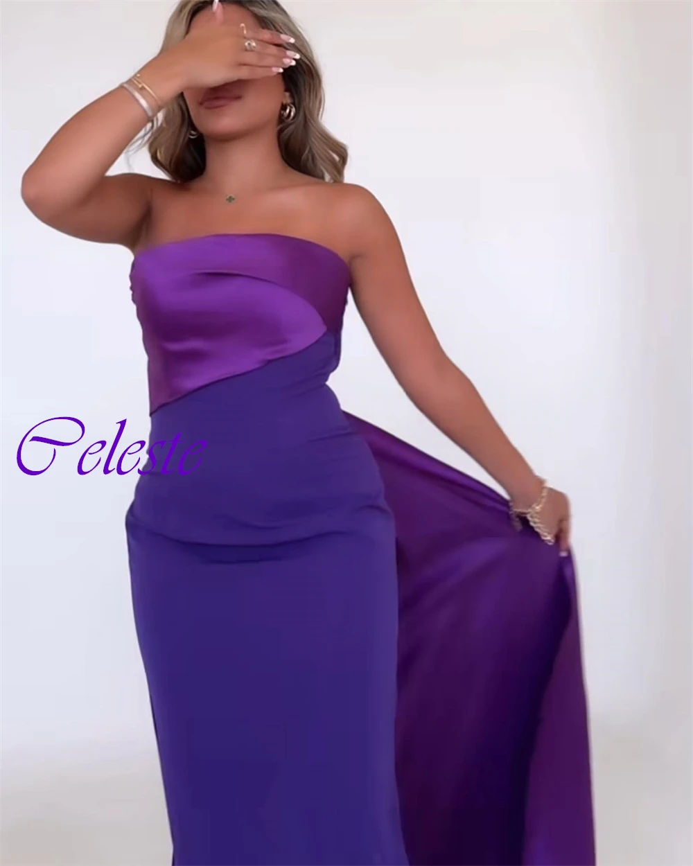 Gaun Malam Warna Kontras Satin Jersey Tanpa Tali Kustom Gaun Pesta Putri Duyung Mode Gaun Acara Khusus Seksi