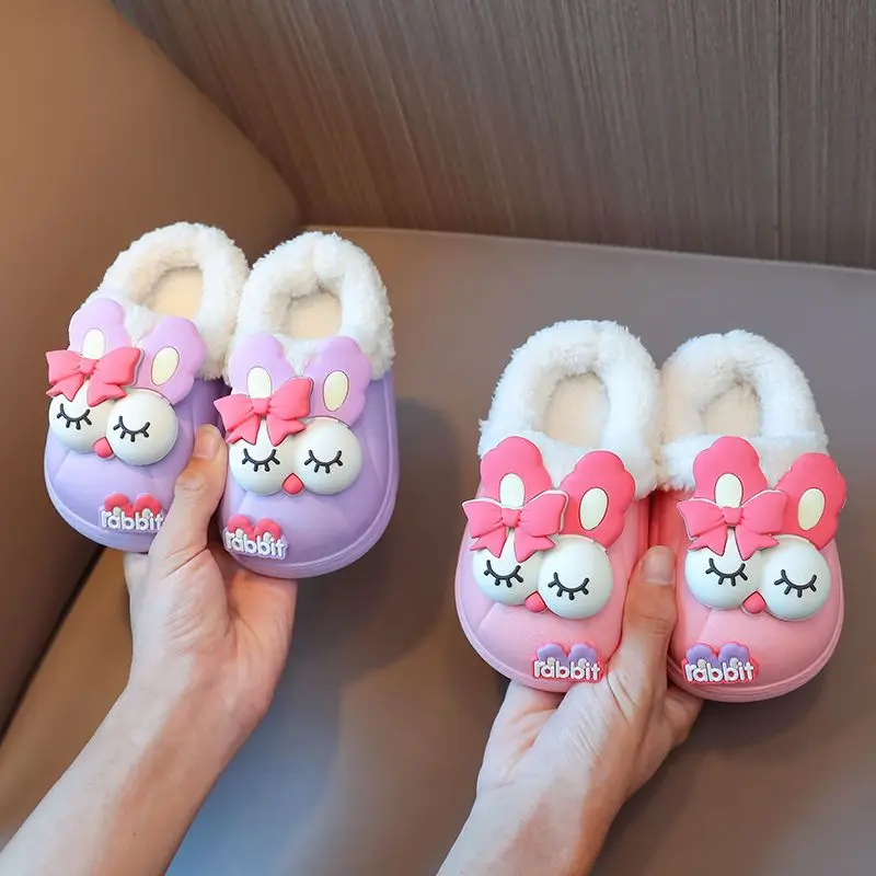 مقاوم للماء زلة مقاومة الفتيات الشتاء نعال من القطن صوف مبطن أفخم شبشب منزل للأطفال دافئ دافئ المنزل الأحذية