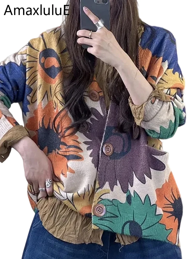 

Amax luluE 2025 Spring Females Fashion Knitwear Womens Loose Printed Floral Sweaters Ladies Luxury Vintage Warm Casual Cardigans