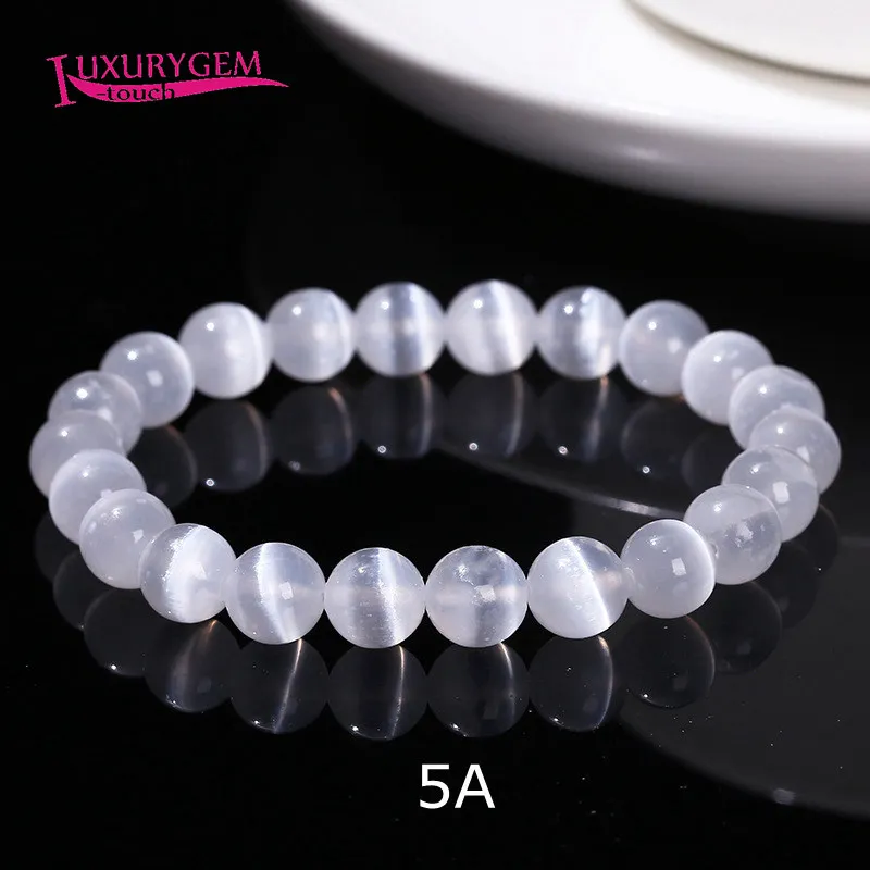 6-10mm White Color Gypsum Cat Eye Stone Smooth Round Shape Beads Elasticity Handmade Bracelets 18-19cm 1Pcs sk516