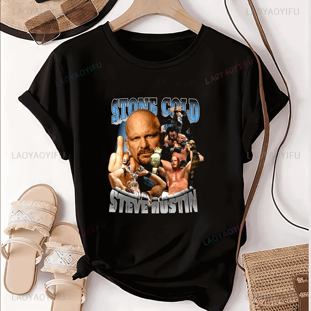 Wrestler Stone Cold Steve Austin Printed T-shirt Top Neutral Trend Harajuku Short Sleeved Unisex Shirt Pattern Large T-shirt