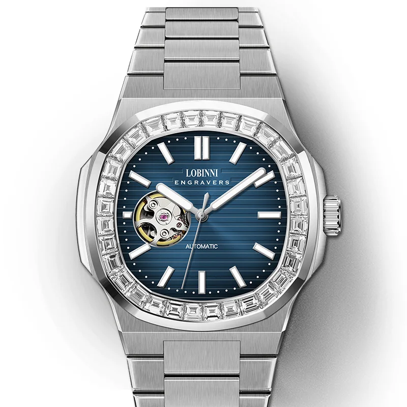 LOBINNI Men's Japan Import Automatic Mechanical Watch Luxury Skeleton Design Luminous Hands Rhinestone Steel Clock L19069B
