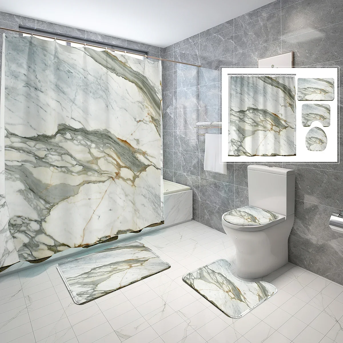 4 Pcs Marble Texture Shower Curtain Sets Minimalistic Art Print Non-slip Bath Mat Toilet Lid Waterproof Shower Curtain Set