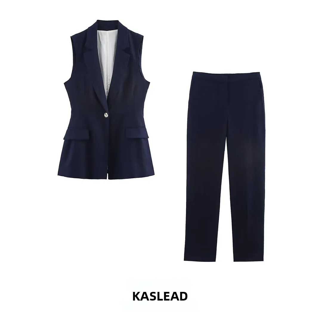 KASLEAD New Women's Long Mix Fabric Vest Straight Leg Pants Fashion Set 3422709 3514709 Autumn Season Straight Cut Style