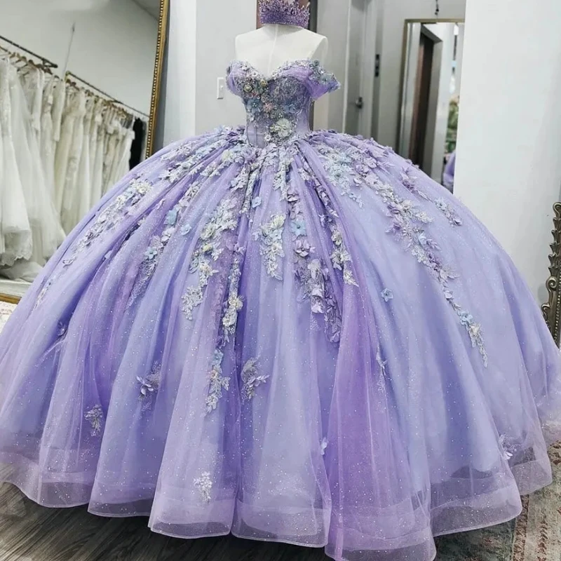 Real Elegant Lilac Princess Girl Quinceanera Dresses Off Shoulder 3D Floral Illusion Lace Up Ball Puffy Skit Women Prom Party 15