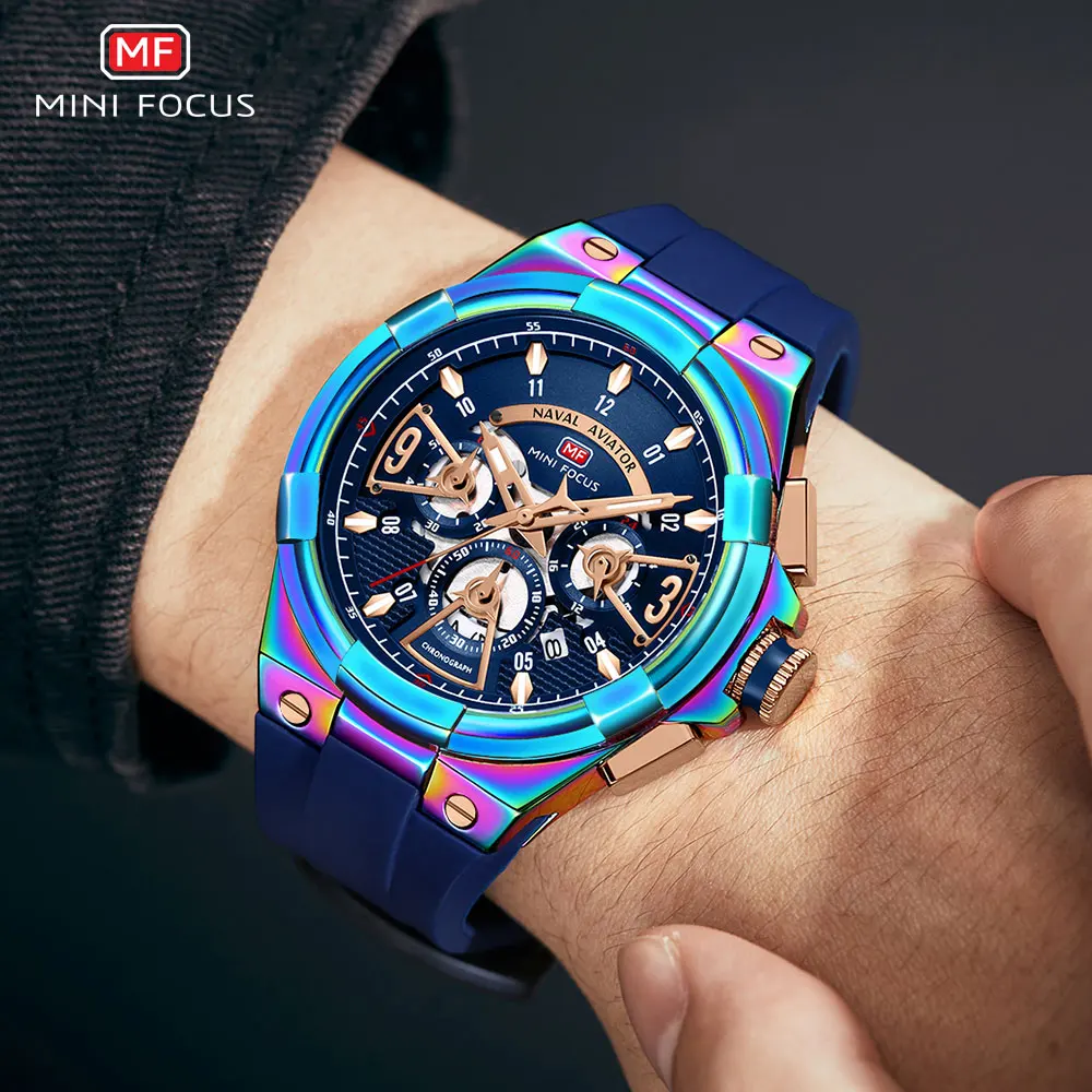 MINI FOCUS Military Sport Quartz Watches Men Blue Silicone Strap Waterproof Chronograph Wristwatch with Date Luminous Hands 0402