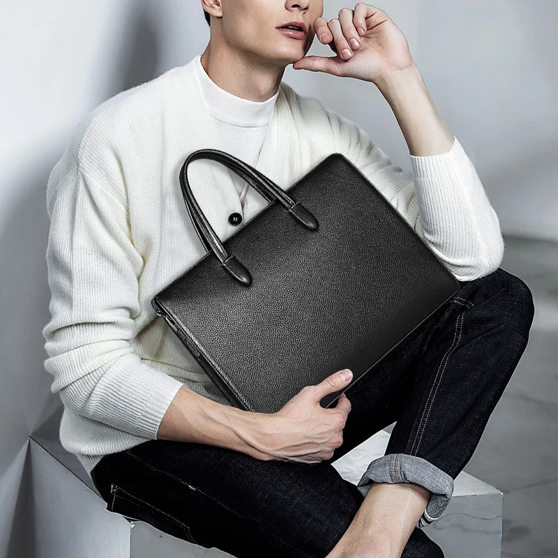 Nuova borsa per laptop a tracolla autentica Borsa con chiusura per impronte digitali in pelle Borsa per computer di grande capacità Valigetta pratica da uomo d'affari
