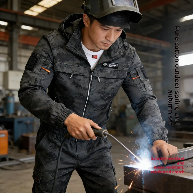 

Men's Camouflage Work Uniform Pure Cotton Elastic Wear-Resistant Long Sleeve Zipper Pants Factory Workshop Welding