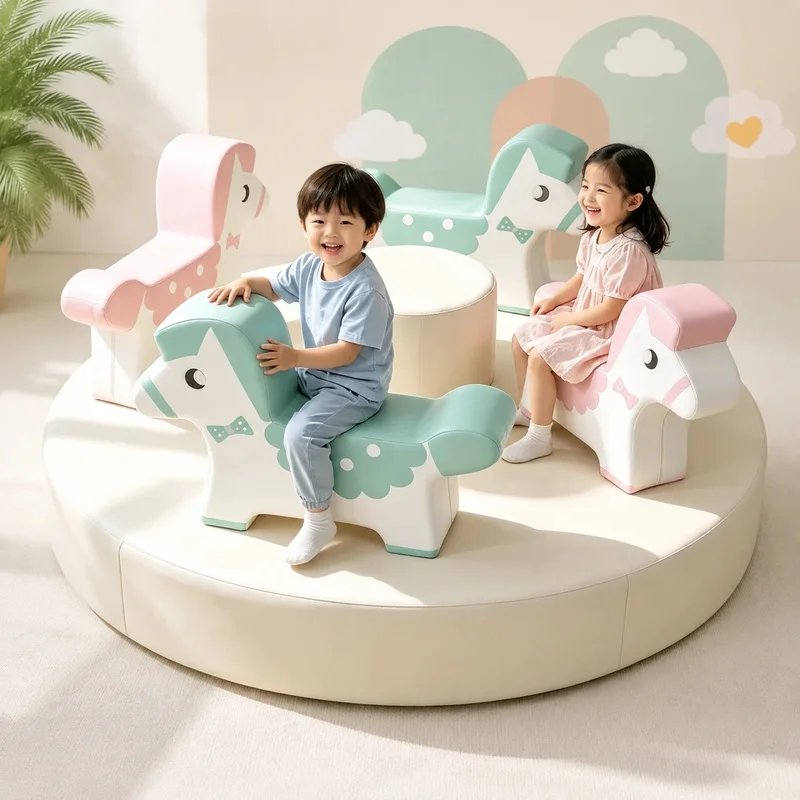 Custom Pastel Soft Play Carousel Kids Indoor Playground Equipment Neutral Soft Merry Go Round Toddler Spinning Ride Play Center