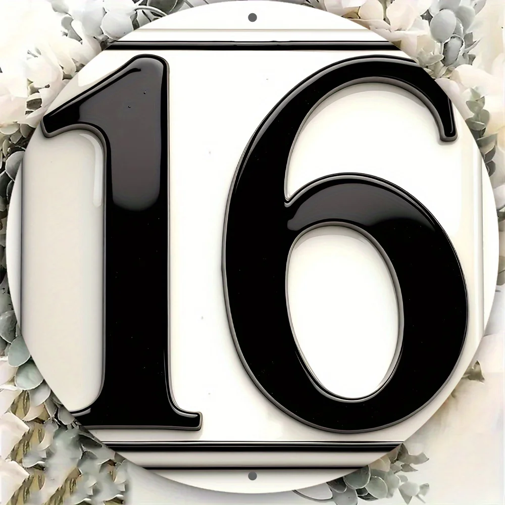 Metal Iron Sign 8 Inch Round House Number 16 Black White Weatherproof Pre-Drilled Easy Install Wall Art