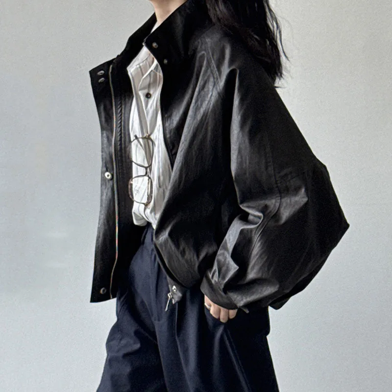 HKSH ربيع الخريف جديد سترة نسائية بولي Leather الجلود الوقوف طوق سستة بلون الأمريكية الرجعية الراقية Ins معطف غير رسمي HK13660