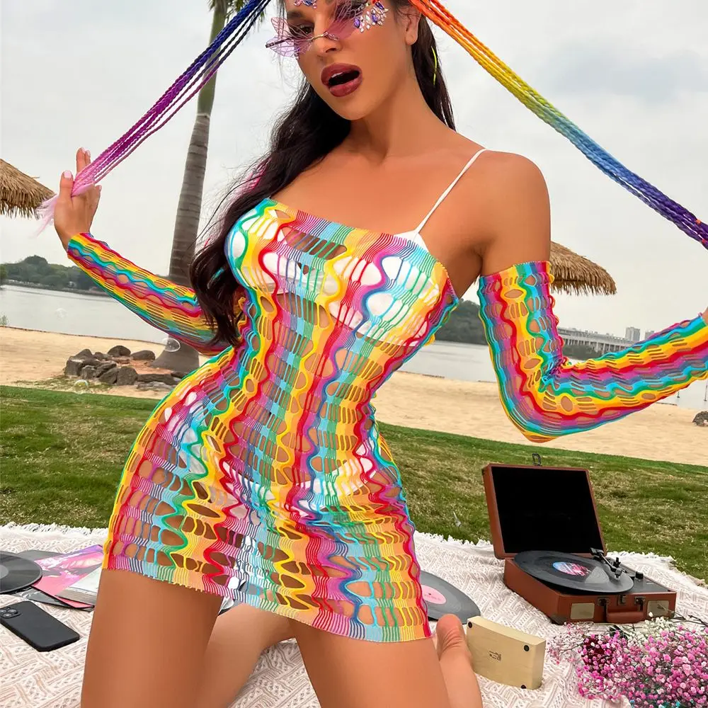 Trajes de fiesta de verano, ropa de playa, Bikini transparente ahuecado, camisetas sin mangas de rejilla, traje de baño de arcoíris, vestido de