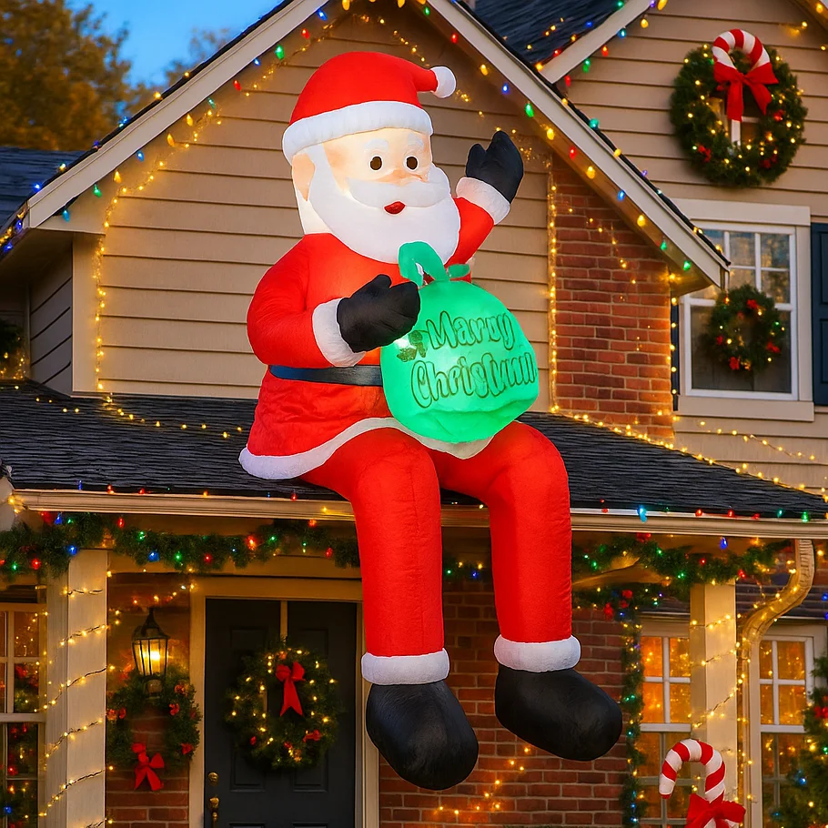 

1.8M/5.9FT Inflatable Santa Claus on Roof Holding Gift Bag Lights LED Home Decorations Toys Yard Xmas Supplies Holiday Decor