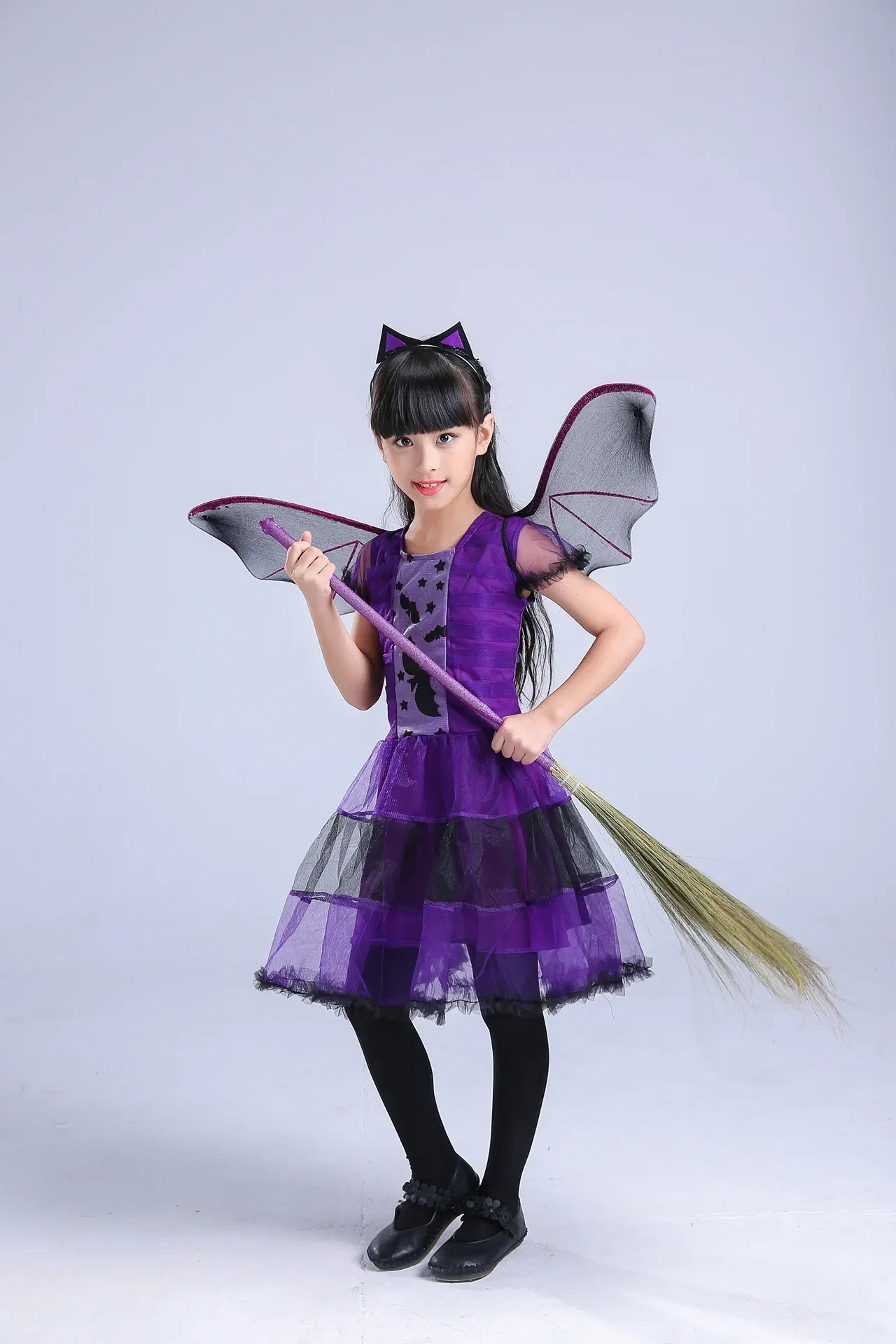 Mädchen Cosplay Kostüm Kleid Kinder Fledermaus Rollenspiel Outfit Lila Mehrlagiges Tüllkleid für Halloween-Party Aufführung – Detail 4