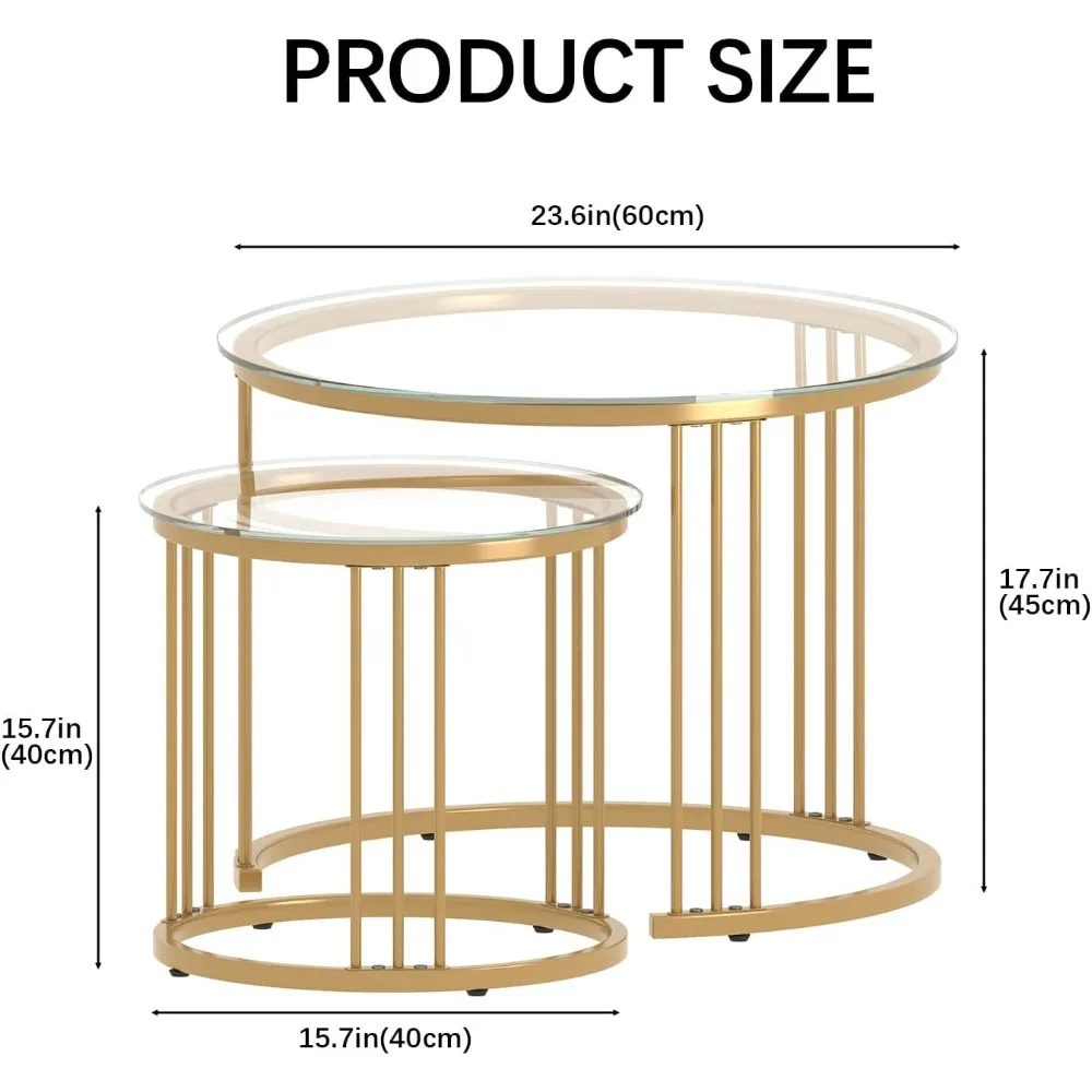 4  Nesting Coffee Table, 23.6 Round Coffee Table Set of 2, Glass Nesting Table with Metal Frame