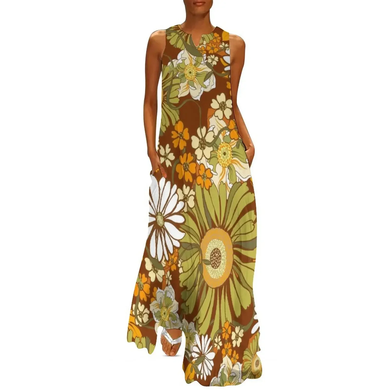 

70s Retro Vintage Flower Power pattern boho, orange, brown, Long Dress dress for woman women's evening dresses 2025 Dress