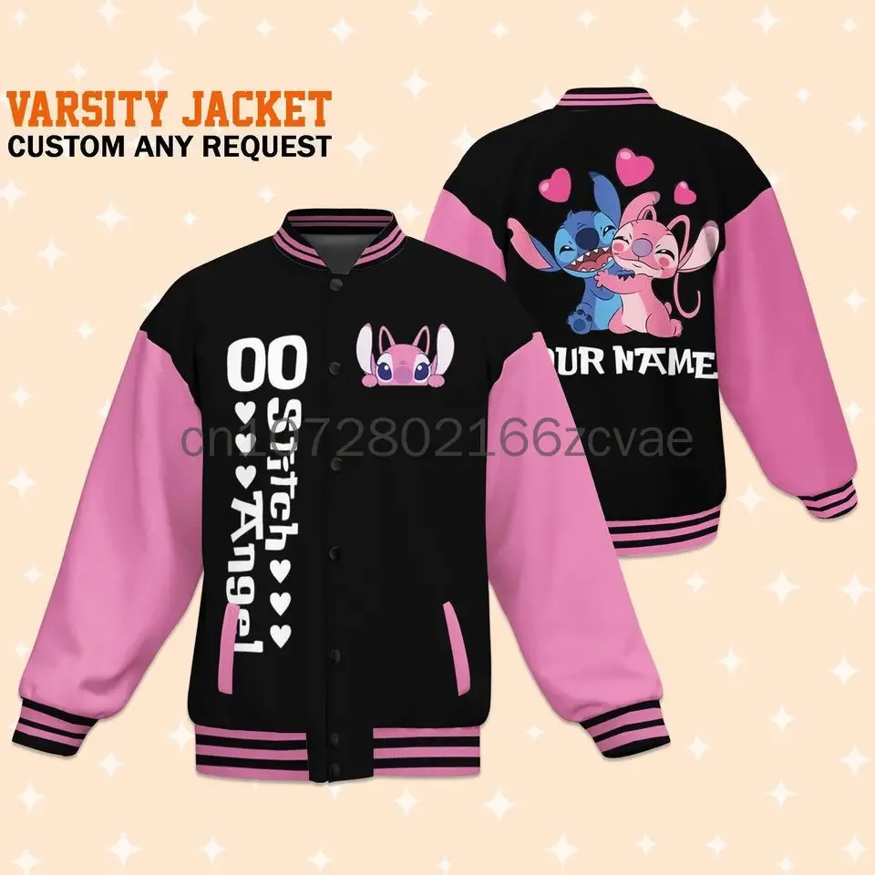 2024 New Free Custom Name Stitch and Angel Baseball Jacket Disney Casual Baseball Jacket Oversize Street Men's and Women's Jacke